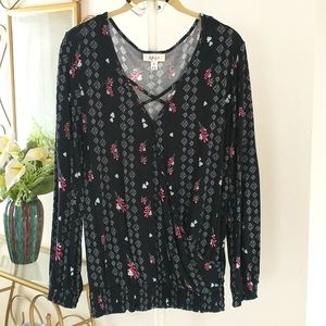 Style & Co Black Floral Long Sleeve Surplice Blouse